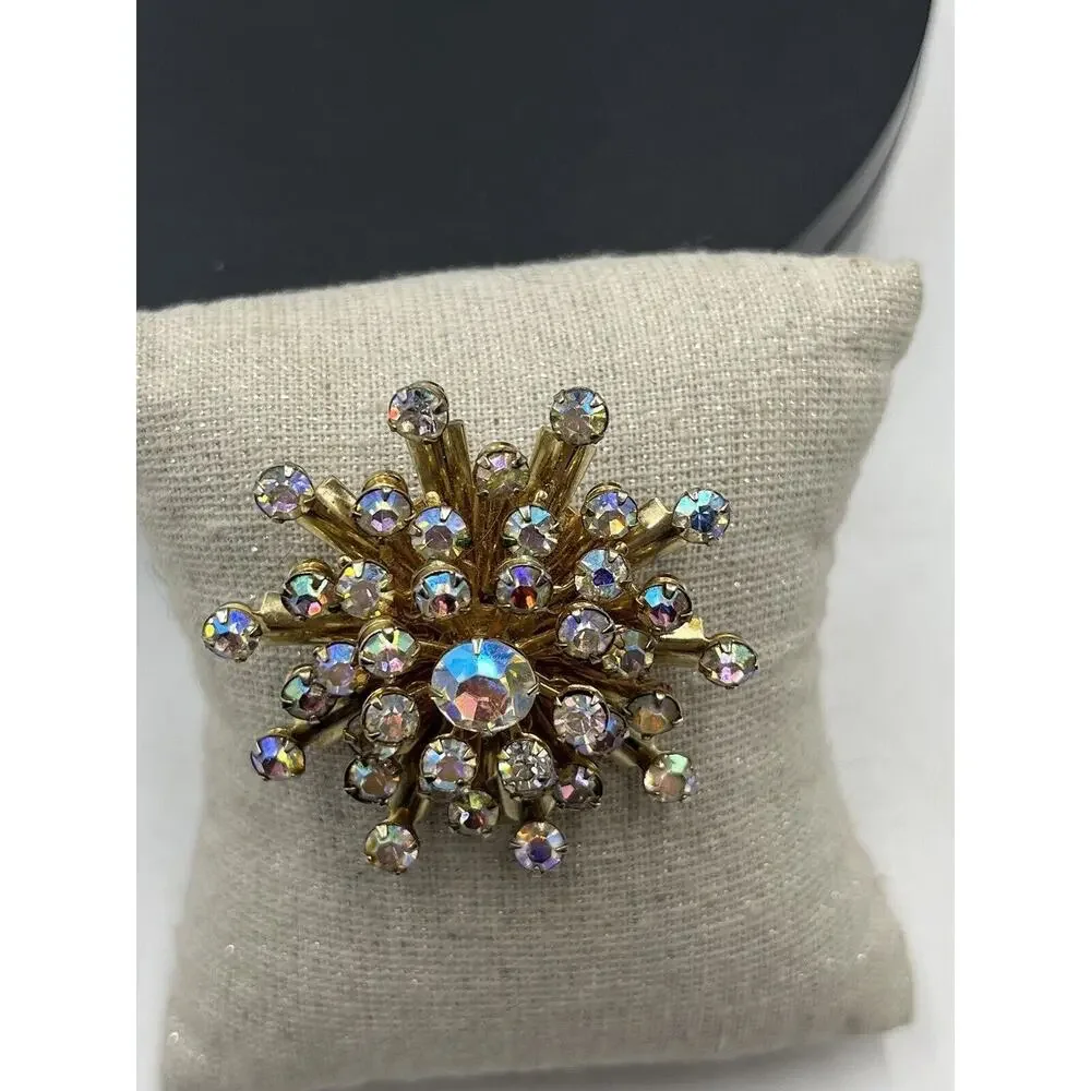 Vintage Aurora Borealis AB Rhinestone Starburst‎ Sunburst Brooch Pin